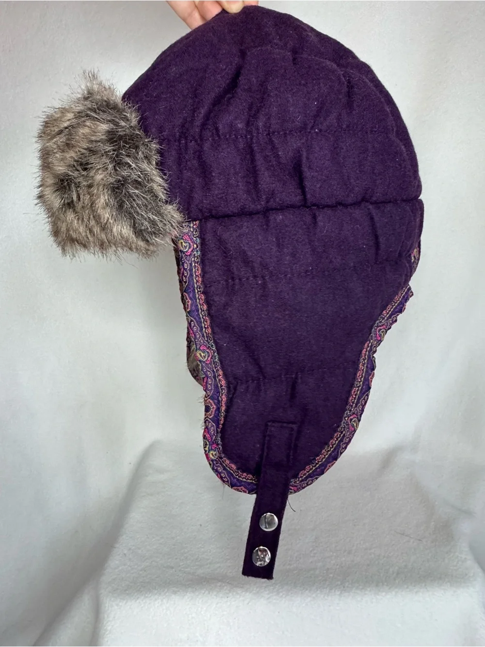 REI Womens S/M Purple Wool Trapper Hat Faux Fur Ear Flap Paisley Y2K Winter